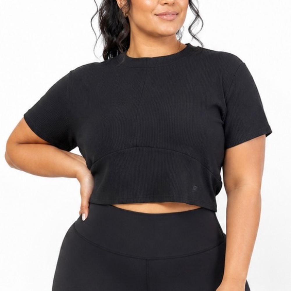 Fabletics Solid Black Daily Rib Short Sleeve Crop Top Shirt Size XL Women